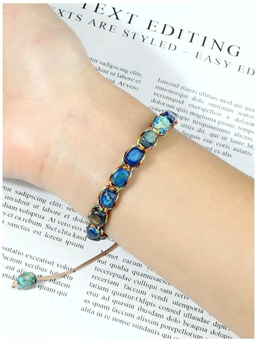 Boho Imitation Jasper Gemstone Beaded Bracelet Blue Marbled Handwoven Adjustable